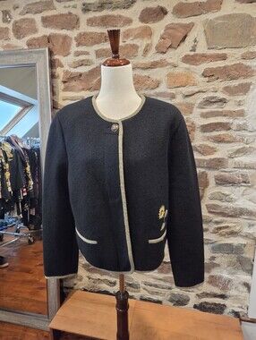 Black Geiger Boiled Wool Austrian Cropped Jacket with Eidelweiss